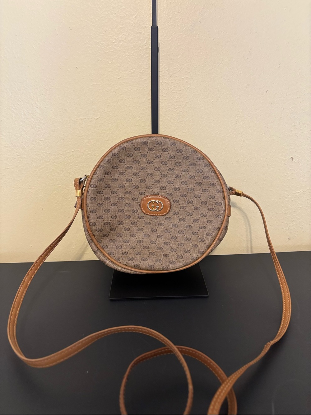 Authentic Vintage Gucci Brown GG Monogram Round Crossbody with Tan Trim
